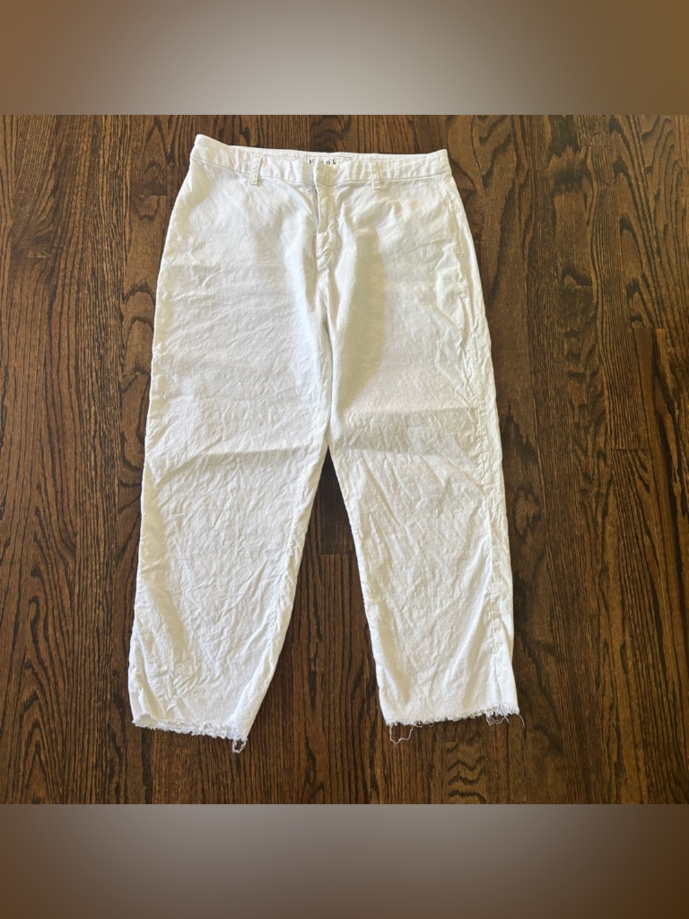 Frank & Eileen Kinsale Trouser Cropped Pants Raw Hem White Linen Blend Size 12